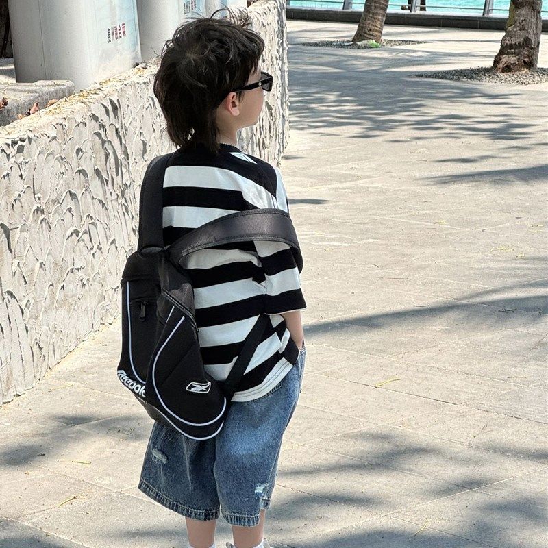 貌貌妈家2024夏季新款韩版男女童条纹短T字母上衣T恤儿童短袖潮