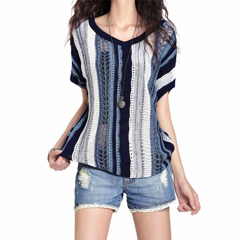 时尚条纹宽松t恤女2021夏季新款短袖套头镂空罩衫V领薄款针织衫潮