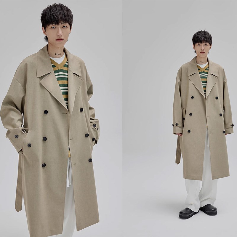 秋季新款长款休闲宽松大翻领大衣男中长款过膝双排扣直筒廓形风衣