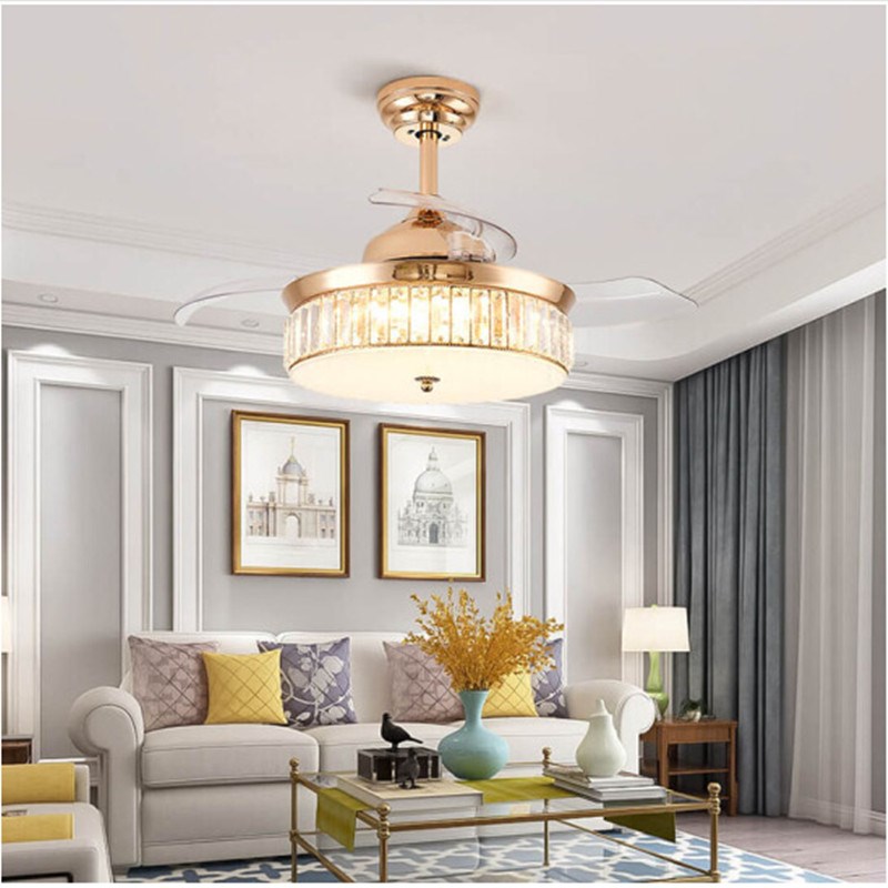 风扇灯水晶吊扇灯电扇灯隐形风扇吊灯轻奢金色餐厅客厅卧室电灯具