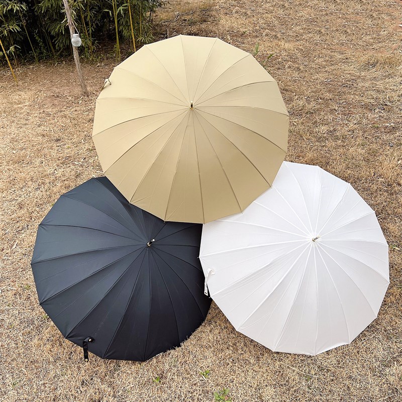 竹柄素色伞 16骨成人抗风雨伞 男士女士直杆弯柄伞 纤维伞骨