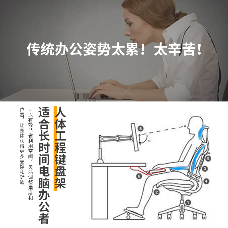 键盘托架人体工学键盘架多功能旋转电脑桌面收纳抽屉鼠标手支架