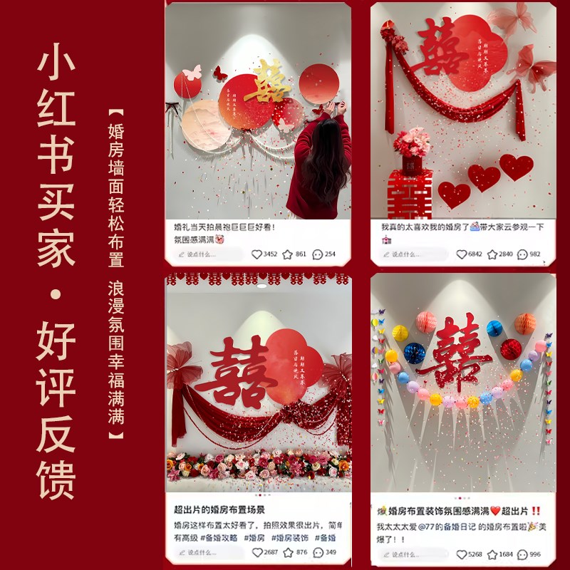 婚房布置套装结婚新房装饰男女方客厅卧室房间床头喜字晨袍背景墙