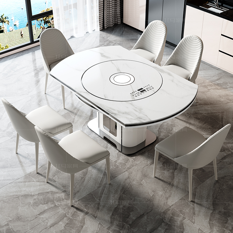 轻奢电磁炉餐桌带储物一体多功能加厚抑菌岩板可伸缩智能暖菜饭桌
