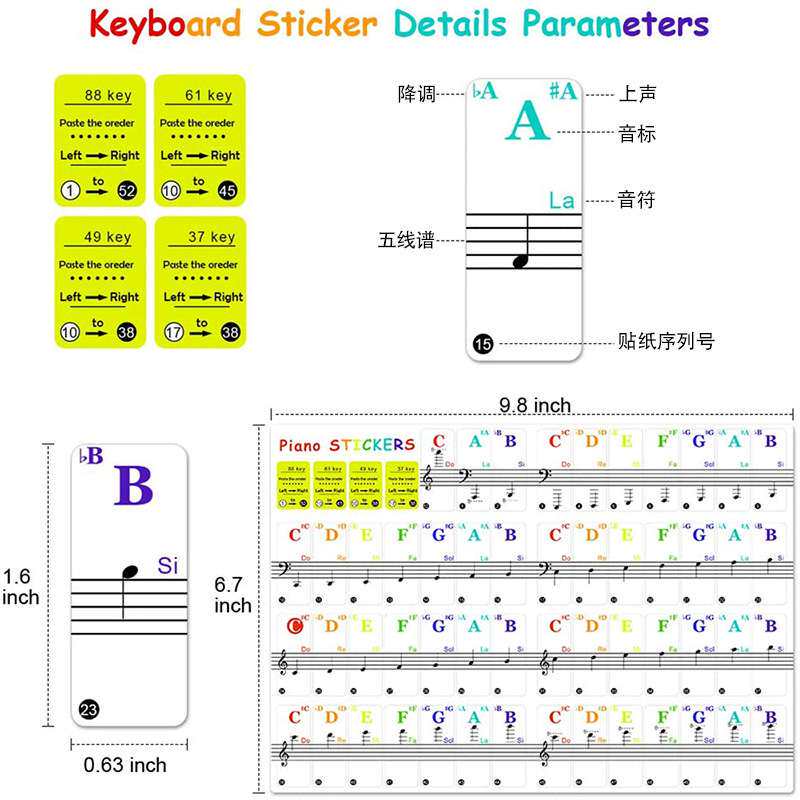 简谱彩色钢琴贴纸五线谱自学键盘音名唱名电子琴贴膜钢琴学习通用