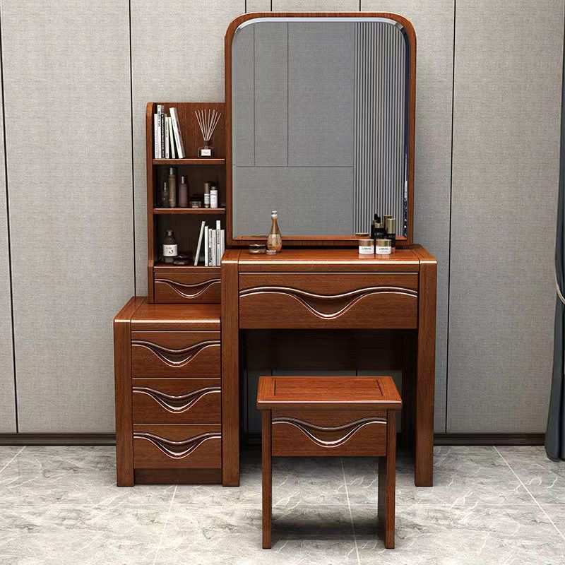 胡桃木梳妆台现代中式经济型收纳一体实木化妆台妆镜妆凳卧室家具