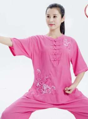 夏季薄款太极拳服装绣花太极服女短袖棉麻国风武术练功服新款套装