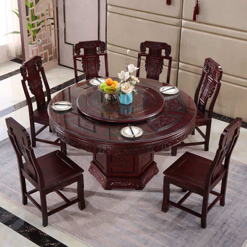 全实木大圆桌雕花橡木圆形餐桌10人中式仿古餐桌椅组合纯实木收纳