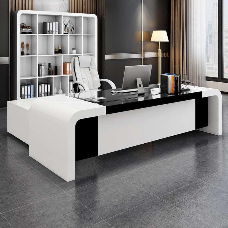 烤漆黑白色老板办公桌简约现代时尚总裁经理主管桌椅组合班台家具