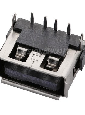 A母AF USB 10.0MM短体4脚2脚卷边平口鱼叉90度母座黑色电源充电口