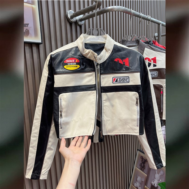 临典红色机车皮衣外套女2024新款美式痞帅潮牌街头风高街拼接夹克