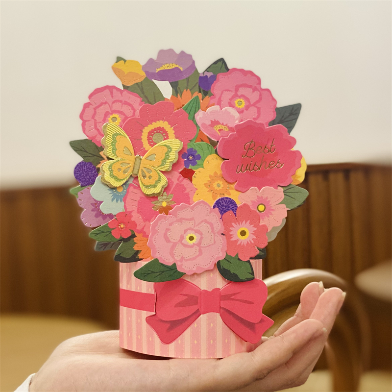 节日通用蝴蝶花束抱抱桶立体贺卡唯美教师节送老师生日祝福留言卡