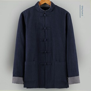 古朴典雅的唐装~冬季男士亚麻唐装加绒加厚休闲外套宽松禅茶服装