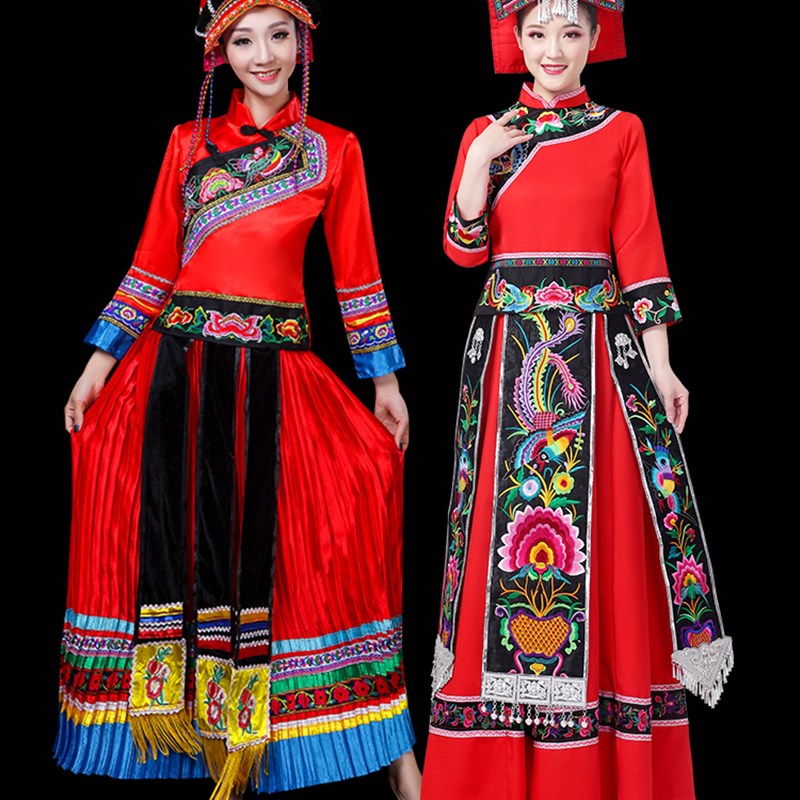 少数民族土家族服装女盛装云南贵州成人女表演苗族彝族长款舞蹈服