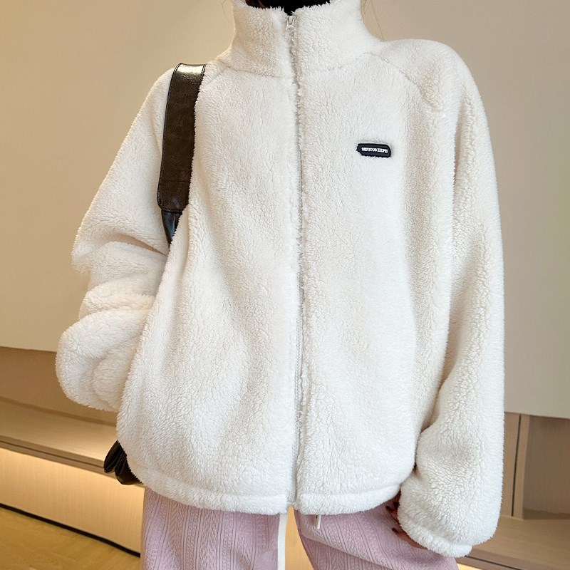 羊羔毛摇粒绒外套女2024秋冬新款加绒加厚保暖宽松立领大码抓绒衣
