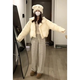 大码 韩系宽松防寒加厚面包服外套 米白色连帽短款 羽绒棉服女秋冬季