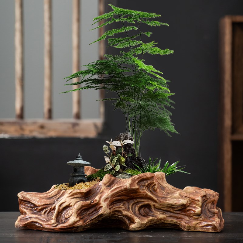 陶瓷仿树桩大口径花盆室内复古青苔造景盆创意文竹米竹盆栽多肉盆