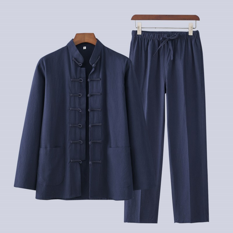 中式唐装男款长袖套装复古男装中老年禅修居士服茶服太极服中国风