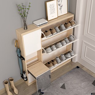 超薄鞋柜17cm实木简约薄款翻门带凳可坐24CM窄鞋柜家用门口翻斗柜