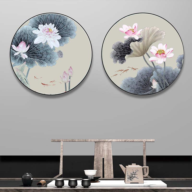 圆形荷花鲤鱼装饰画新中式淡雅荷花客厅餐厅茶室可自粘油画布画芯图片