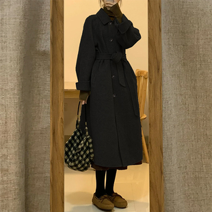 灰色呢子大衣女中长版秋冬季新款法式赫本风复古系带收腰毛呢外套