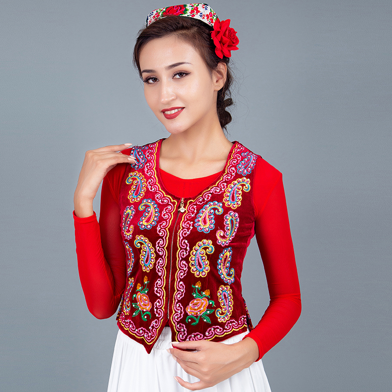新款新疆舞蹈服装女马甲广场舞短款绣花马夹维吾尔族表演外穿背心