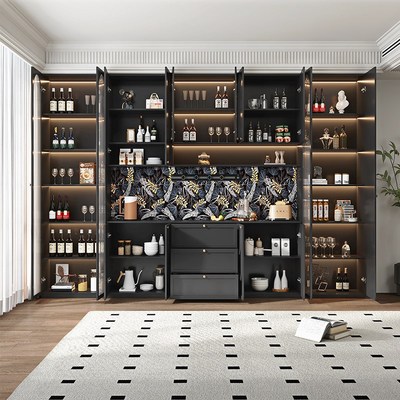 美式餐边柜高柜一体靠墙客厅装饰柜轻奢复古黑色成品酒柜法式储物