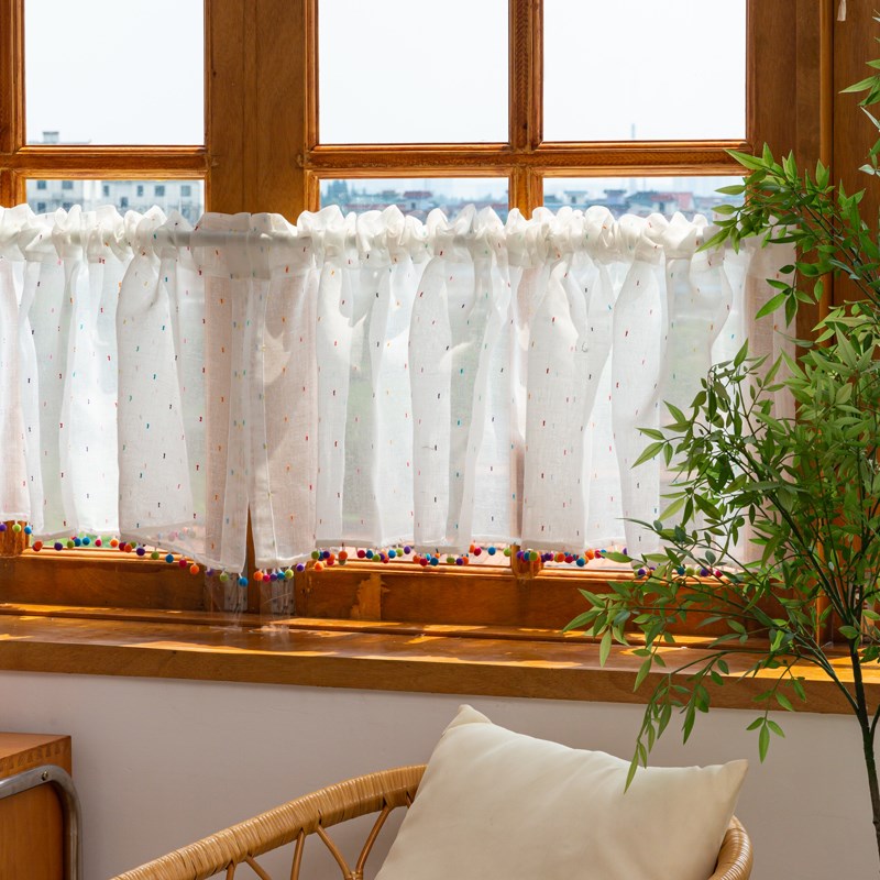 糖豆纱帘半截飘窗短窗帘半帘短款小窗户免打孔厨房短帘门帘隔断帘