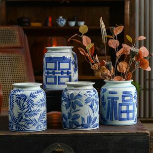 手绘青花瓷花瓶陶瓷覆古瓷罐直宽口新中式花瓶摆件客厅插花喜福字