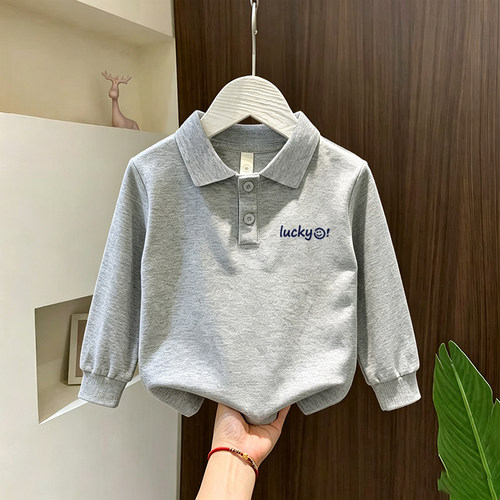 儿童简约长袖POLO衫秋装男童翻领上衣纯棉休闲百搭舒适女童打底衫