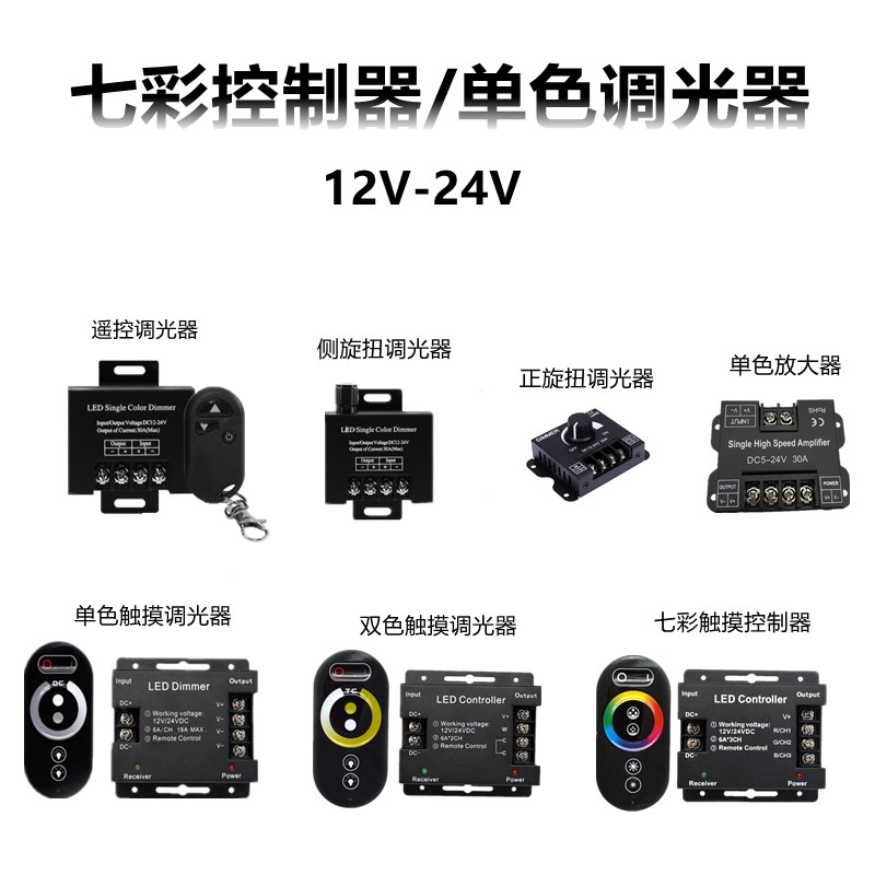 RGB三色灯条控制器七彩LED灯带条双色灯带遥控控制器单色调光器RF