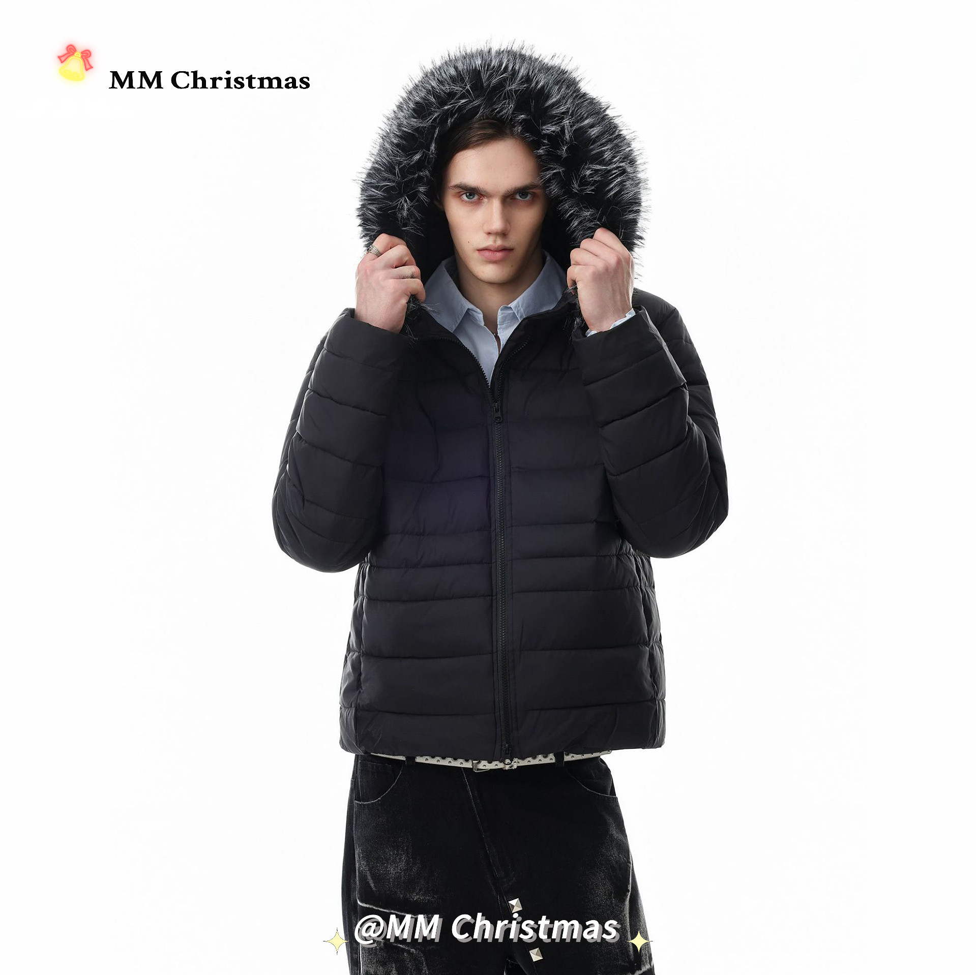 MMChristmas美式排骨纹毛领连帽拉链棉服男女冬季宽松保暖外套潮