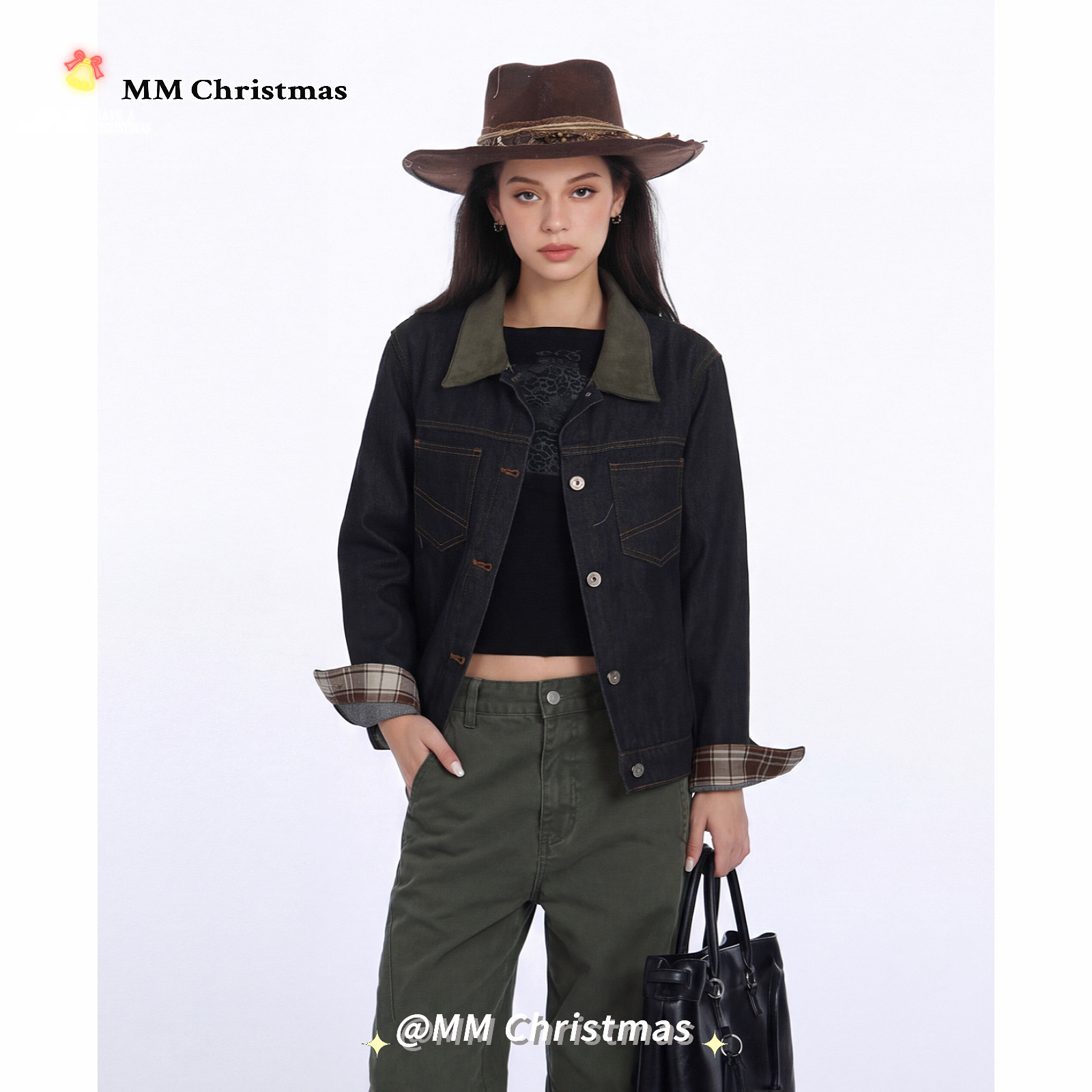 MMChristmas复古拼接格纹翻领牛仔外套女宽松韩系休闲撞色夹克潮