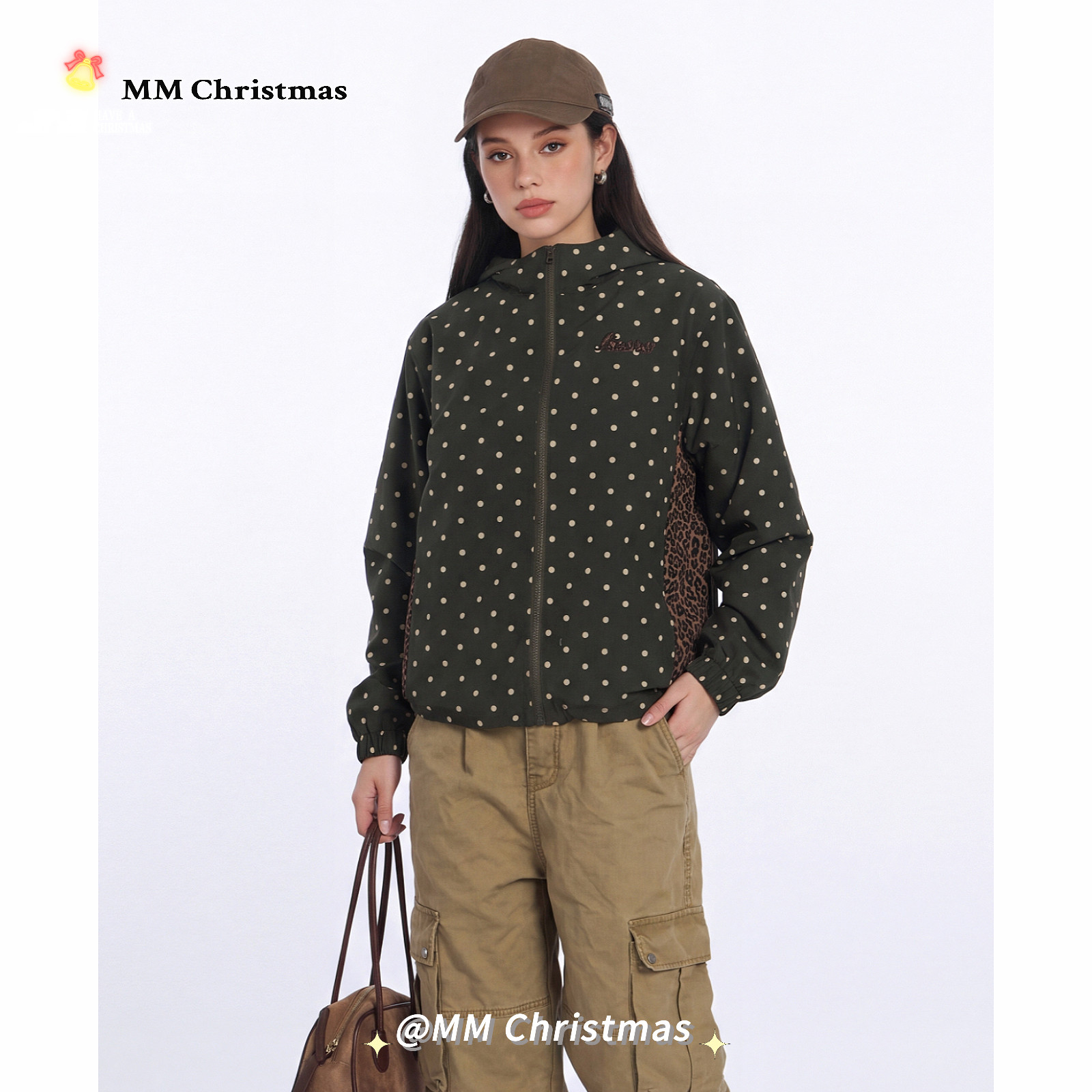 MMChristmas波点连帽短款外套女春秋季宽松休闲运动夹克复古百搭