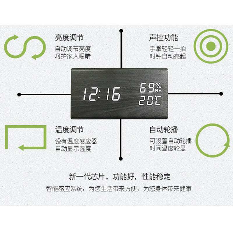 PVC木质数字闹钟万年历温湿度钟LED木质时钟三角形电子钟led木钟