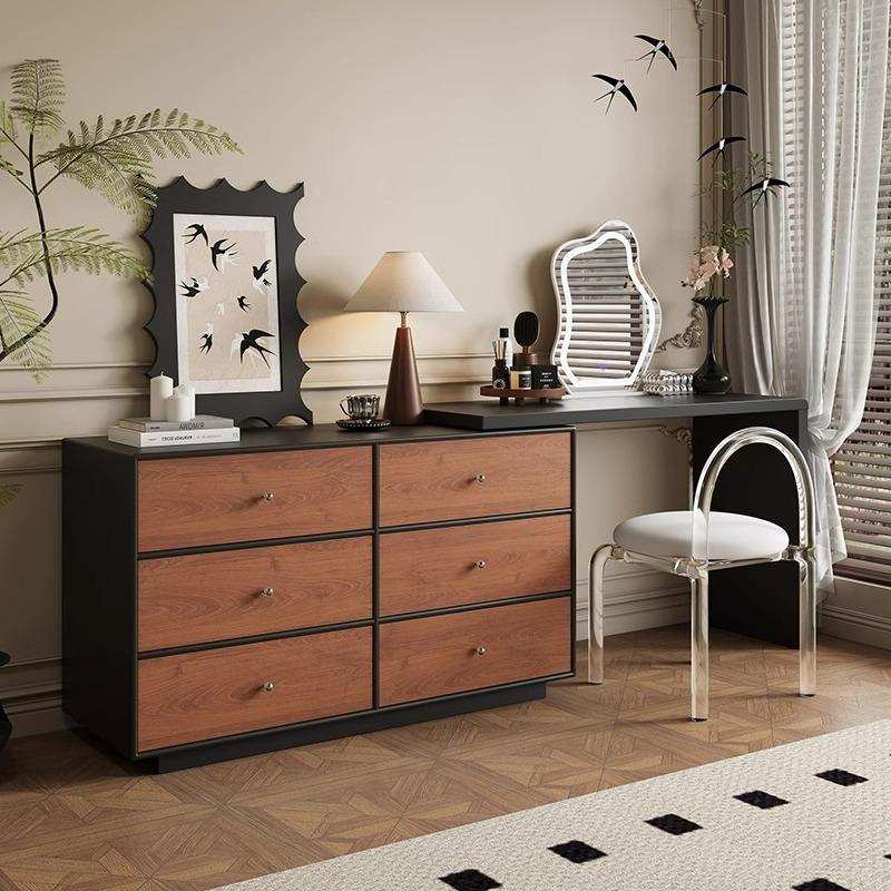 现代简约梳妆台卧室复古风实木化妆桌胡桃木中古风梳妆台斗柜一体