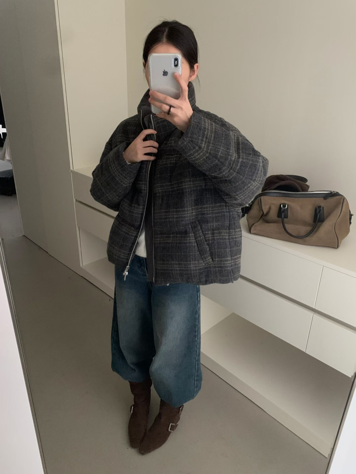 About moon～冬上新韩系格子毛呢舒适保暖羽绒服