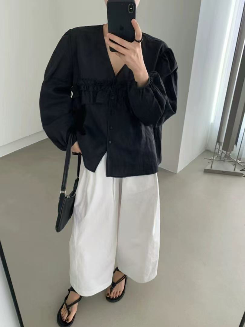 about moon～现货苎麻V领设计感防晒衫百搭减龄长袖宽松休闲女