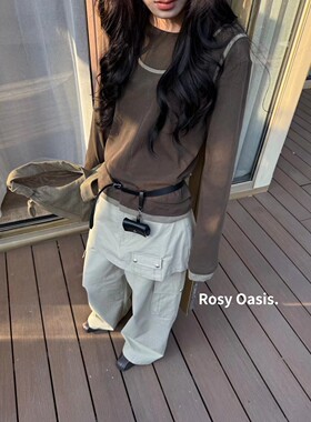 Rosy Oasis~春上新韩系设计感屁帘百搭大口袋长裤