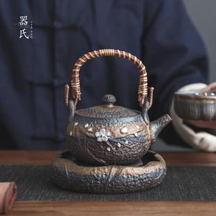 粗陶鎏银茶壶复古提梁壶陶瓷侧把壶家用功夫茶具单壶泡茶壶 器氏