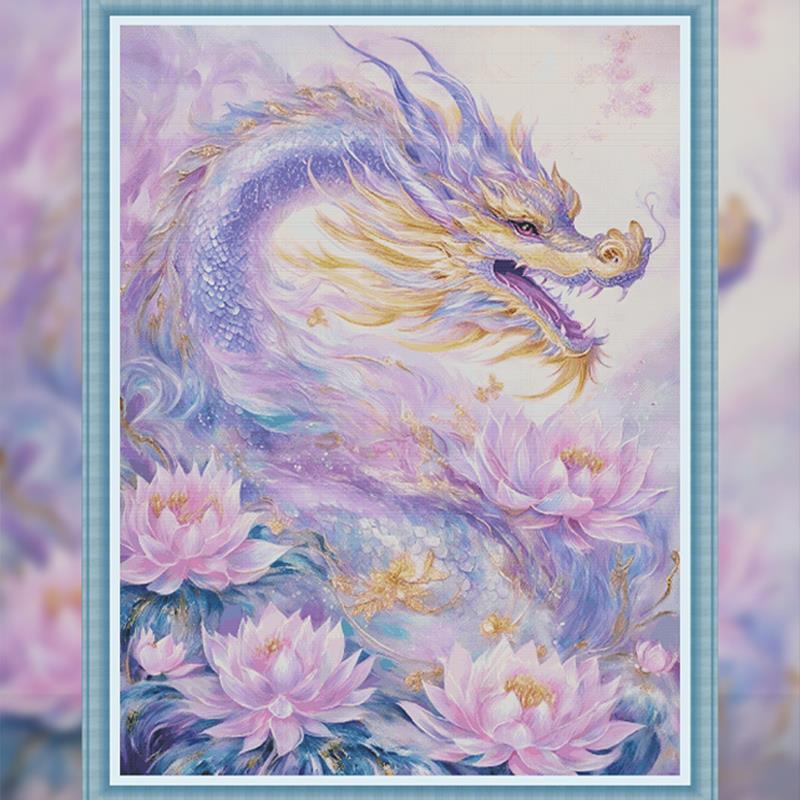 紫色飞龙十字绣diy满绣现代高端客厅玄关竖版手工刺绣莲花钻石画