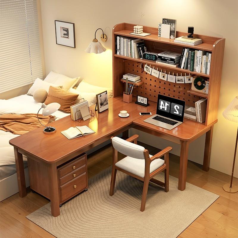 转角实木书桌书架一体桌家用办公桌椅卧室拐角洞洞板组合电脑桌子