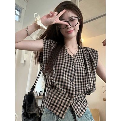 色织格复古红色格子背心无袖衬衫女设计感小众夏季掐腰上衣