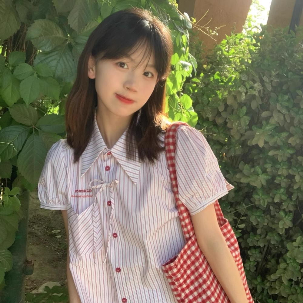 粉色甜美条纹短袖衬衫女夏季小个子泡泡袖短款减龄蝴蝶结衬衣上衣