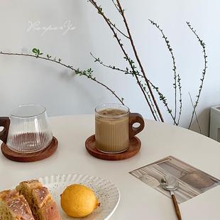 复古竖纹木把手玻璃杯简约挂耳咖啡杯轻奢下午茶杯家用高颜值水杯