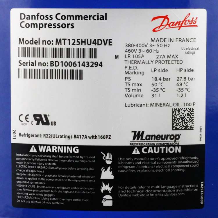 MT125HU4DVE MTZ125HU4VE原装法国丹佛斯美优乐10P匹冷藏库压缩机