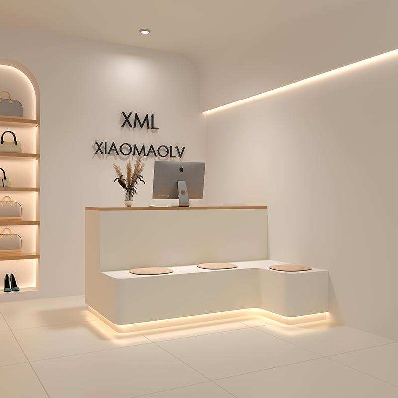 奶油风吧台收银台带休息凳柜台服装店铺小型童装店女装店简约吧台