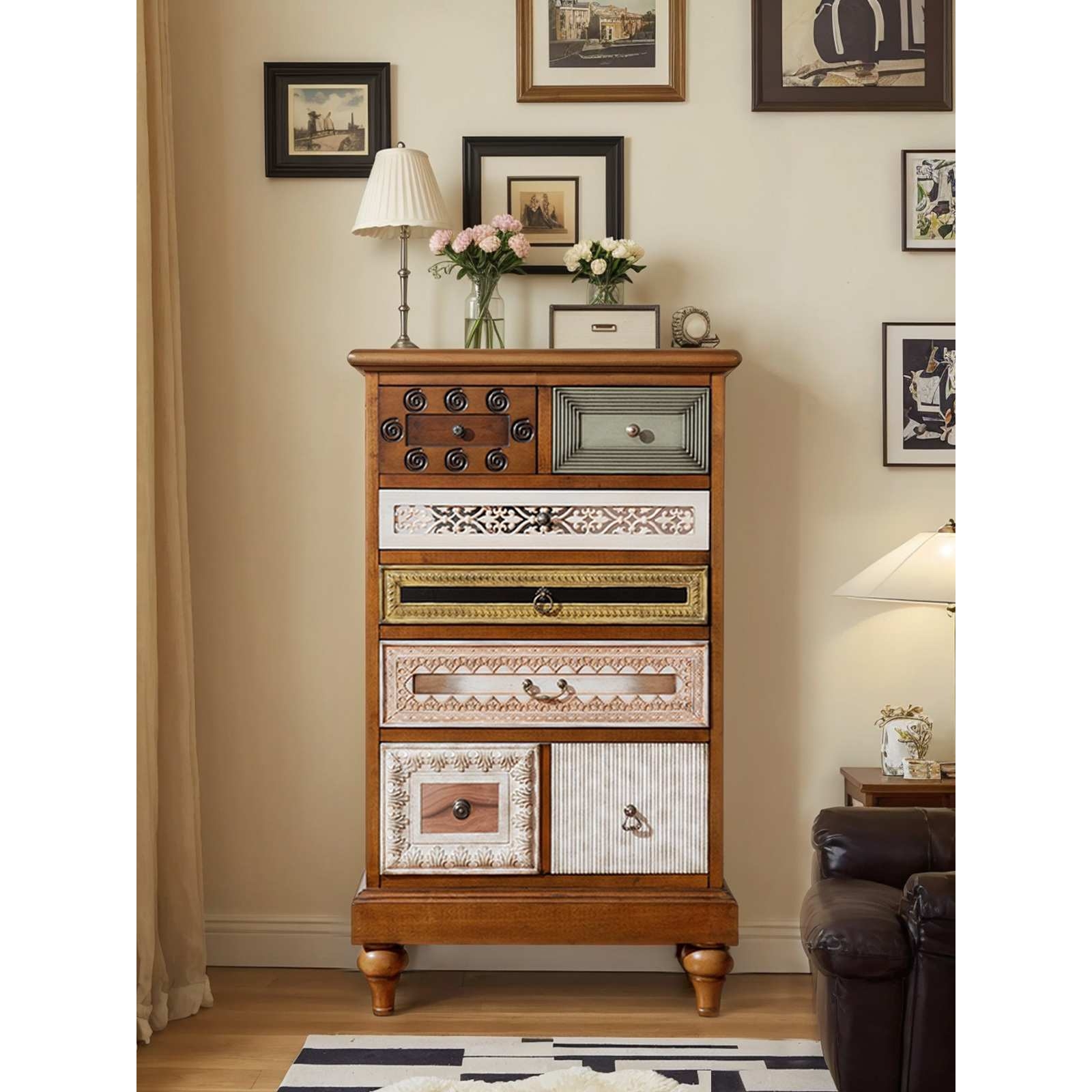 谋生美式实木五斗柜客厅玄关柜 复古阳台储物柜 卧室收纳柜子沙发