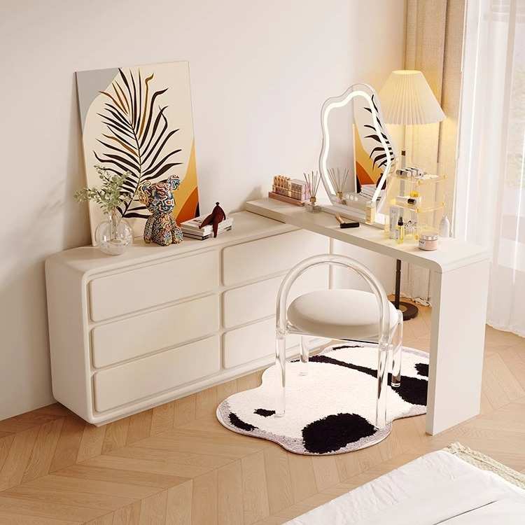 奶油风实木梳妆台一体伸缩转角化妆桌现代简约床尾斗柜卧室收纳柜