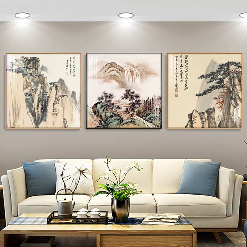 现代中式山水画张大千挂画客厅装饰画玄关书房茶室铝合金晶瓷壁画图片